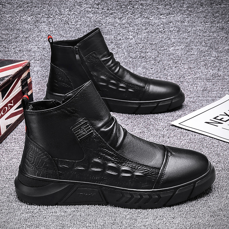 【防水】本革 ハイカット ブーツ - ビジネス 型押し 雪道