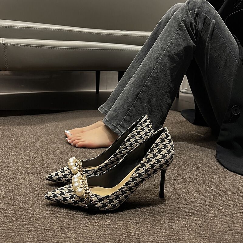 ビジネスシューズ 千鳥格子柄パール飾りポインテッドトゥパンプス