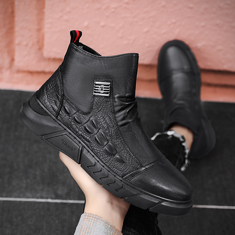 【防水】本革 ハイカット ブーツ - ビジネス 型押し 雪道