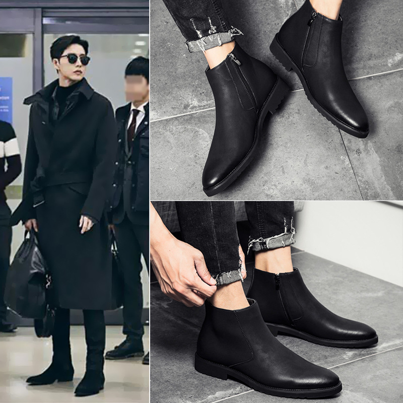 ビジネスシューズ 本革仕様サイドジッパー付きショート丈ブーツ