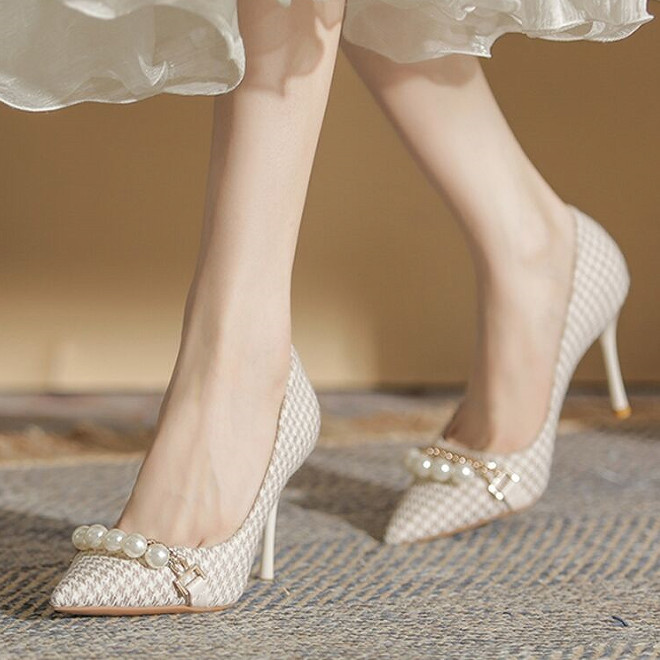 ビジネスシューズ 千鳥格子柄パール飾りポインテッドトゥパンプス