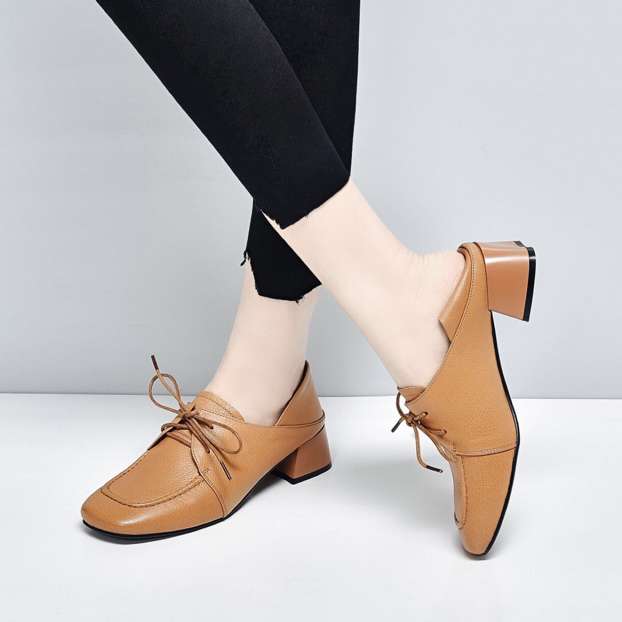  【パンプス以外】チャンキーヒール レースアップ 紐靴 レディース ビジネスシューズ パンツスーツ スクエアトゥ 歩きやすい