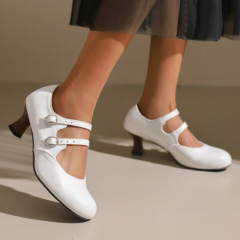 【オフィス履き】ダブルストラップ 太ヒールパンプス - 通勤 立ち仕事 痛くない