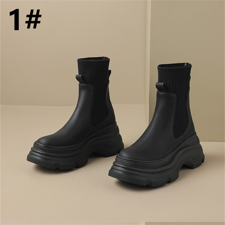 黒靴 革靴 厚底ソックス靴 レディース 秋冬 編み上げ革靴