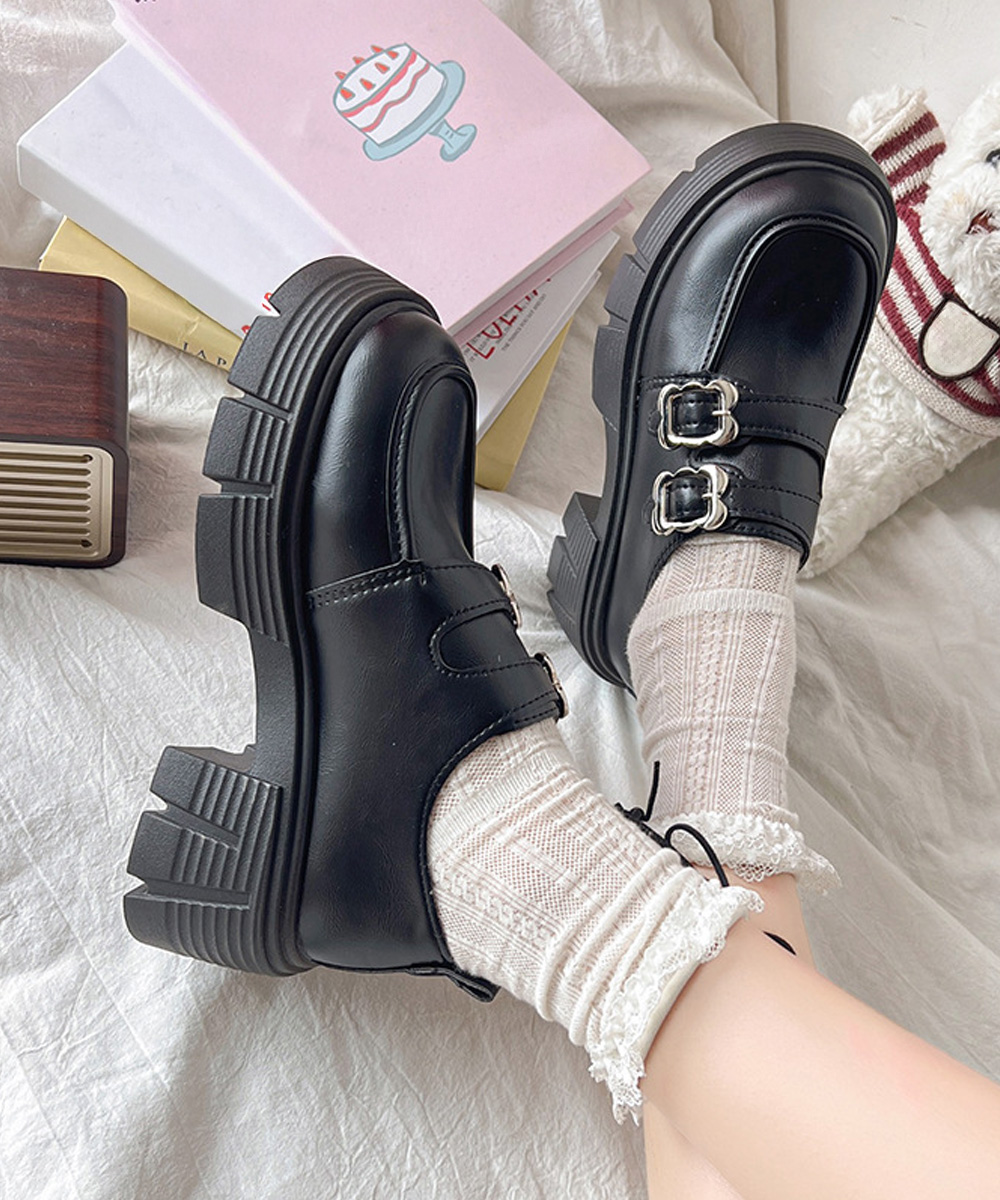 レディース厚底ローファー ダブルストラップ美脚黒靴