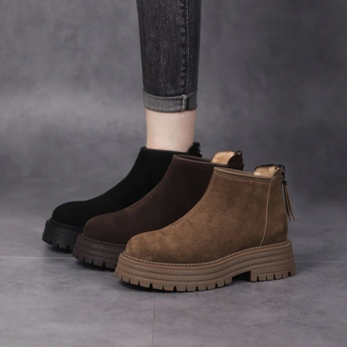 黒靴 2025新作 レディース 黒 厚底ショートブーツ 裏起毛 スエード調