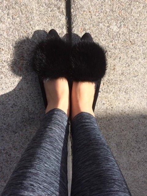 黒靴 2 レディース もこもこファーパンプス ぺたんこ歩きやすい靴