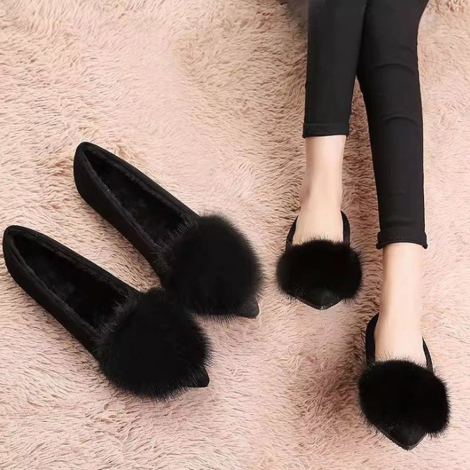 黒靴 2 レディース もこもこファーパンプス ぺたんこ歩きやすい靴