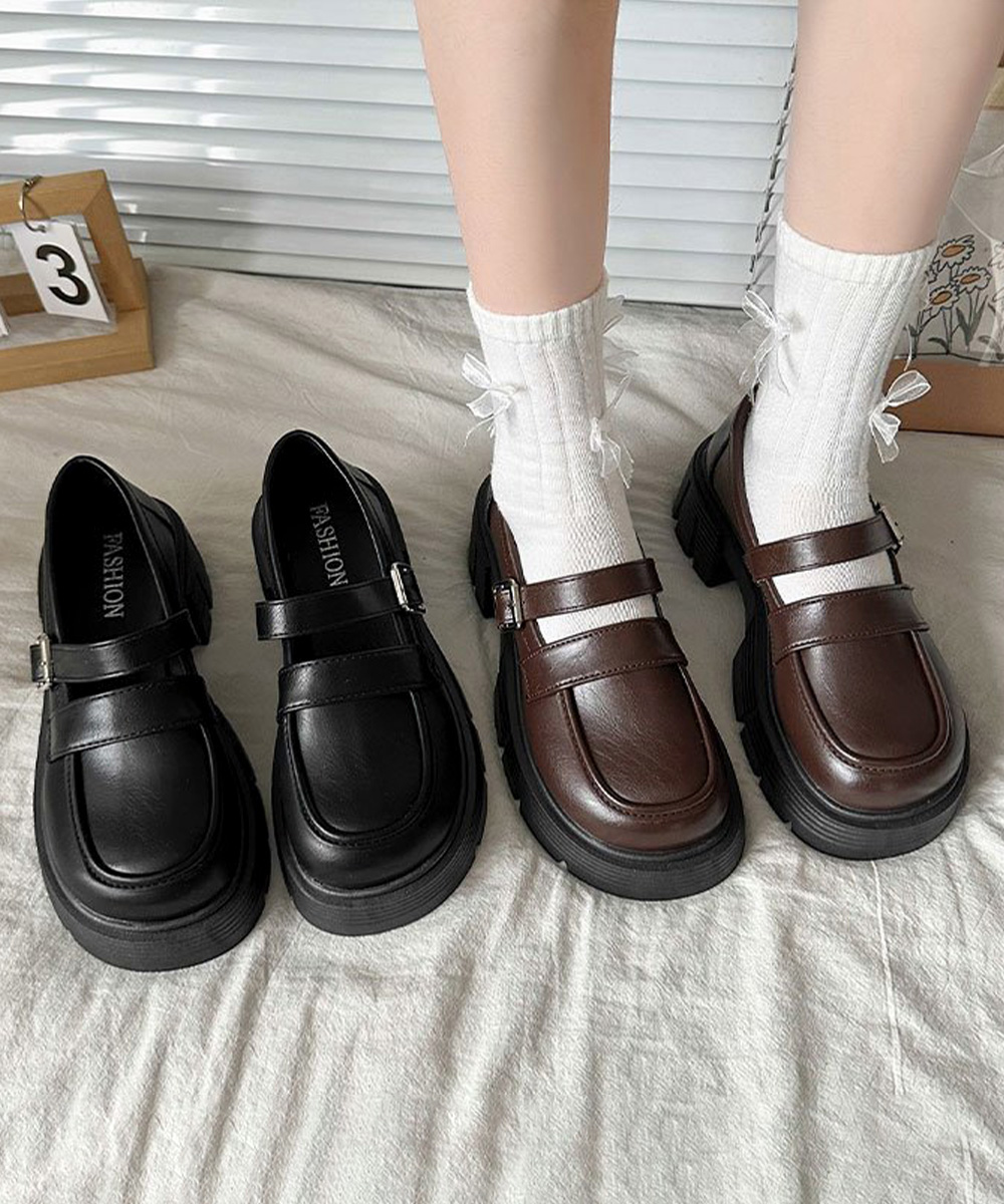 黒靴 レディース 二重ベルト厚底革靴 韓国風美脚ローファー