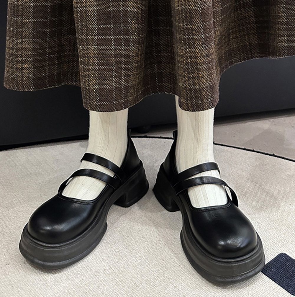 黒靴 厚底ダブルストラップ革靴 レディース美脚