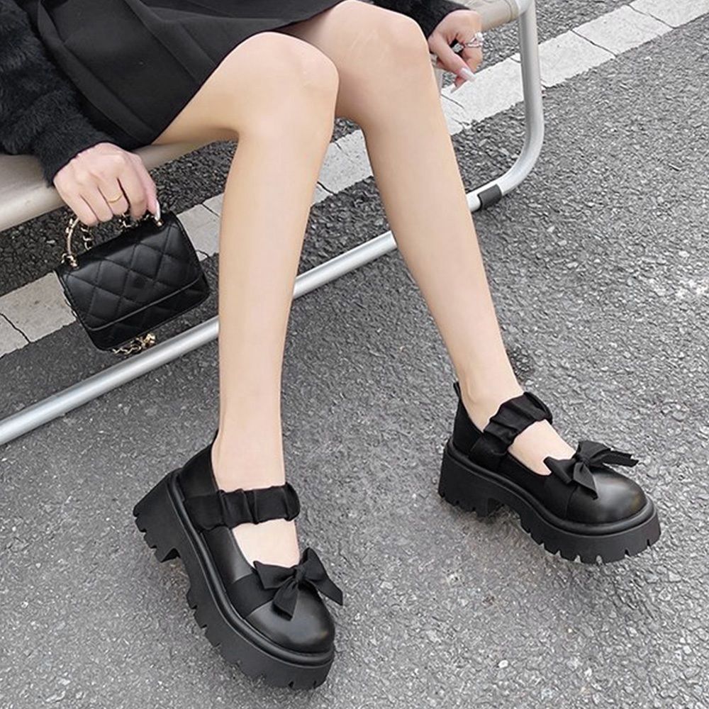 黒靴 リボン飾り厚底ローファー 革靴 美脚パンプス
