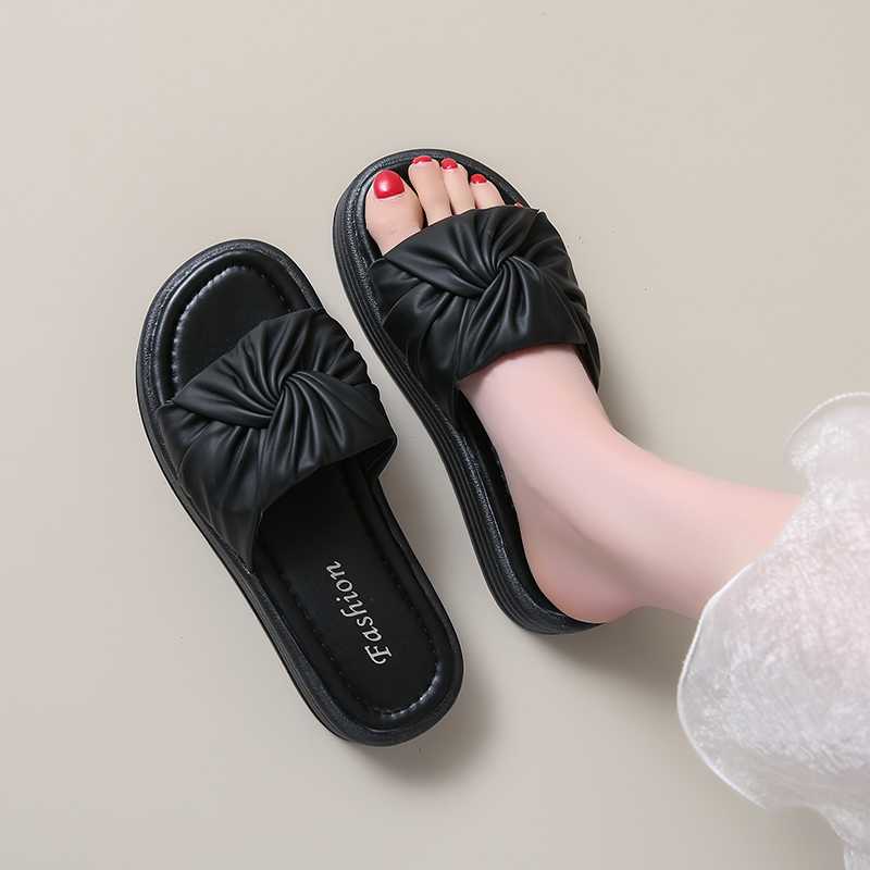 黒靴 黒靴 ねじりリボンフラットサンダル