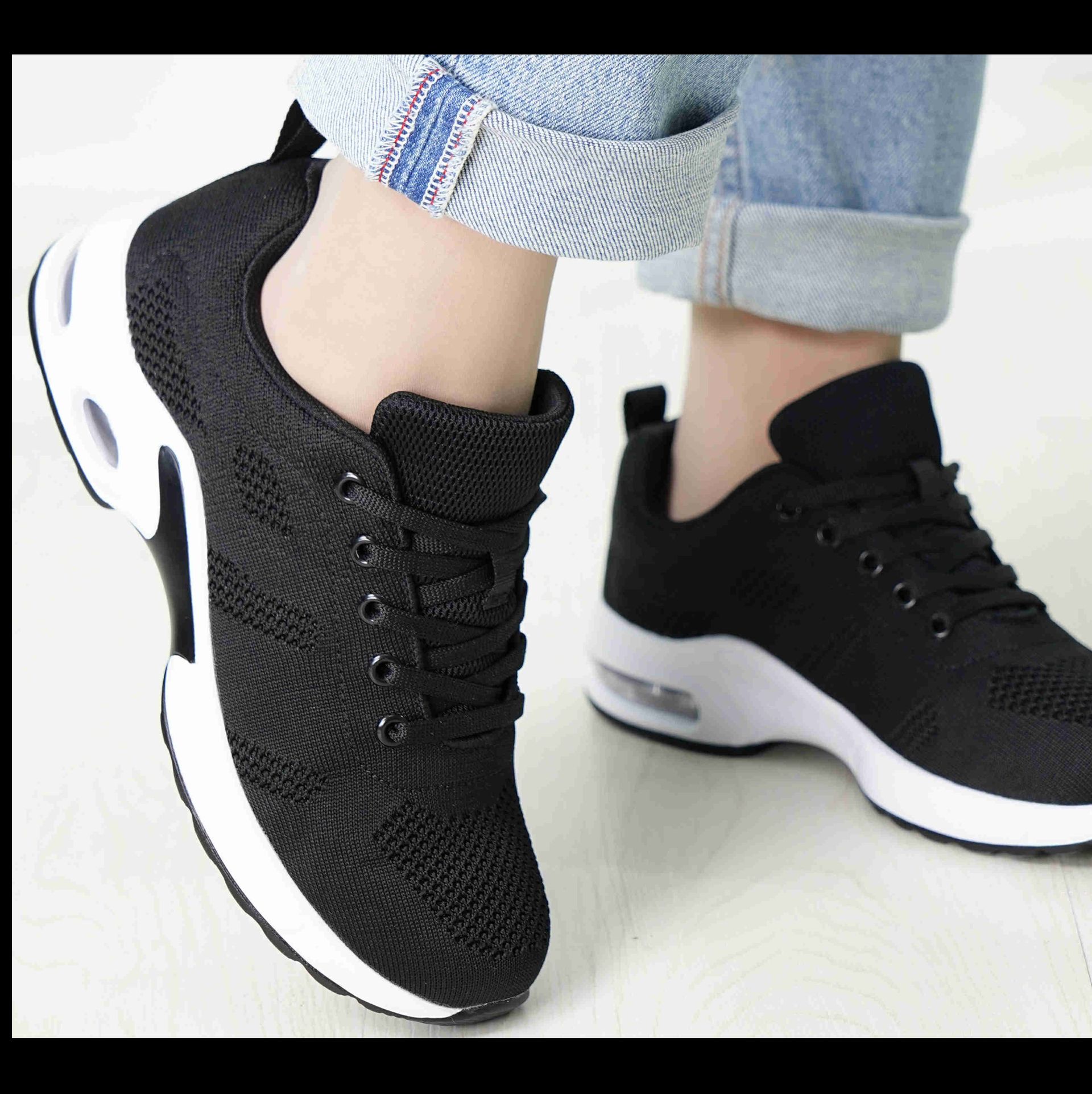 黒スニーカー 男女兼用 軽量 編み素材 運動靴 美脚効果