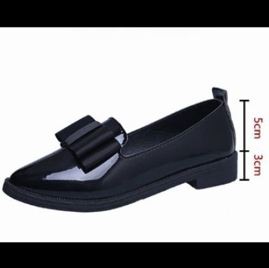 黒靴 光沢エナメル革靴 リボン付きローファー レディース通勤靴