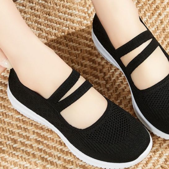 黒靴 編み素材オールシーズン対応黒スリッポン女性用