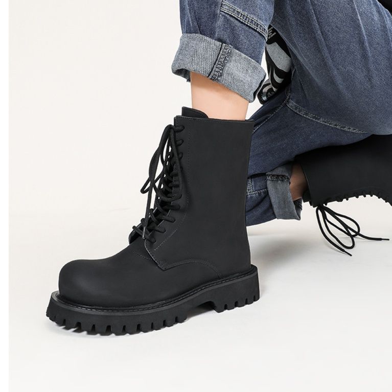 黒靴 男女兼用黒革靴 厚底編み上げワークブーツ