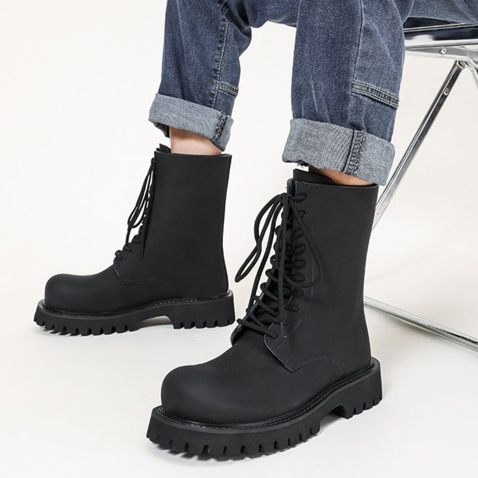 黒靴 男女兼用黒革靴 厚底編み上げワークブーツ