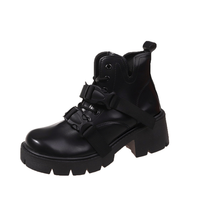 黒靴 レディース黒厚底ダブルベルト編み上げ美脚ブーツ