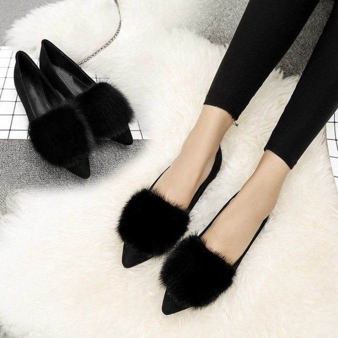 黒靴 2 レディース もこもこファーパンプス ぺたんこ歩きやすい靴
