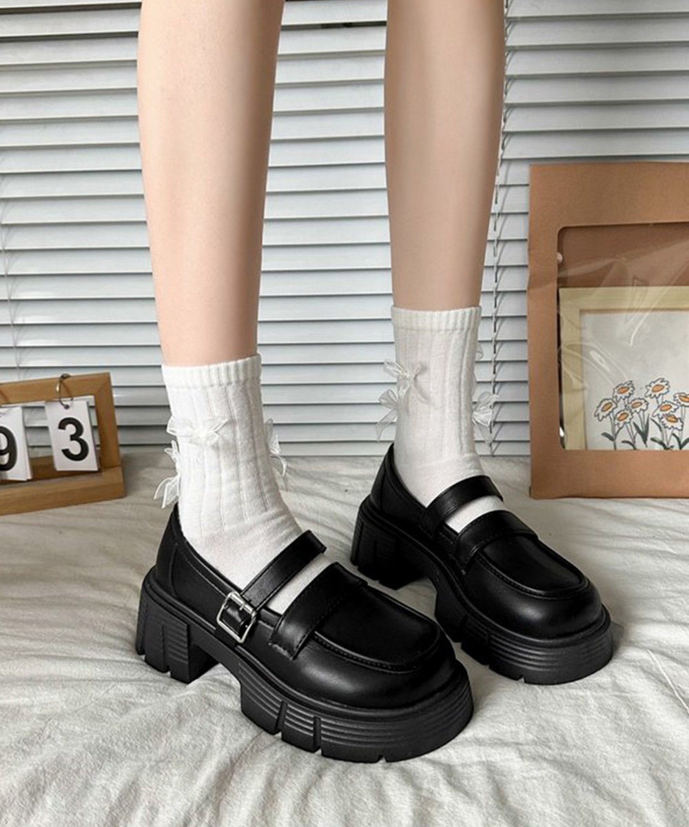 黒靴 レディース 二重ベルト厚底革靴 韓国風美脚ローファー