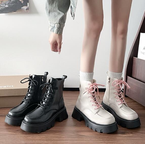 黒靴 秋冬厚底革靴 編み上げ式短丈靴 お出かけ用