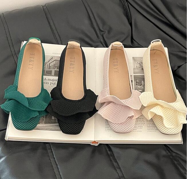 黒靴 秋冬 レディース 履きやすいリボンフラットパンプス