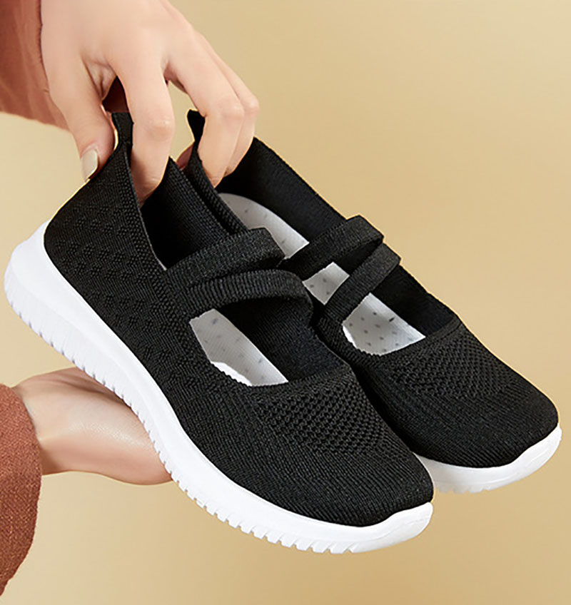 黒靴 編み素材オールシーズン対応黒スリッポン女性用