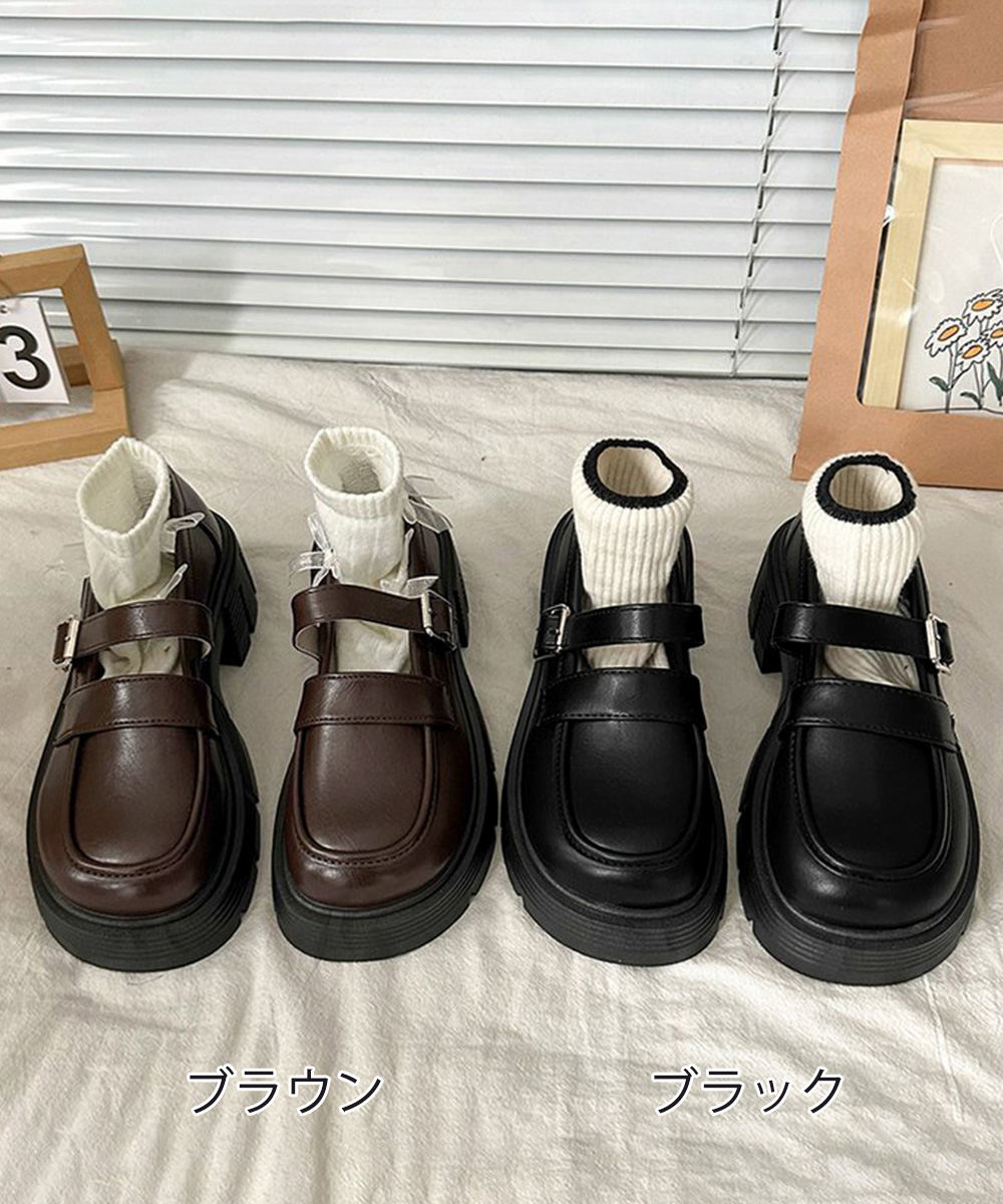 黒靴 レディース 二重ベルト厚底革靴 韓国風美脚ローファー