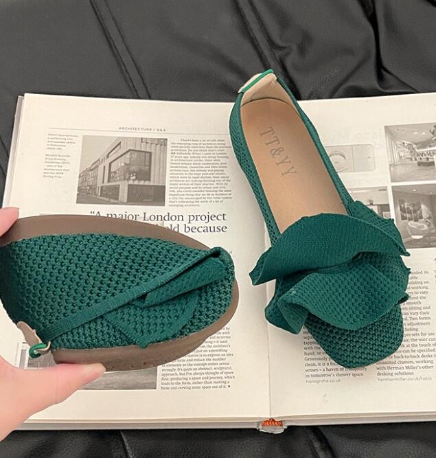 黒靴 秋冬 レディース 履きやすいリボンフラットパンプス