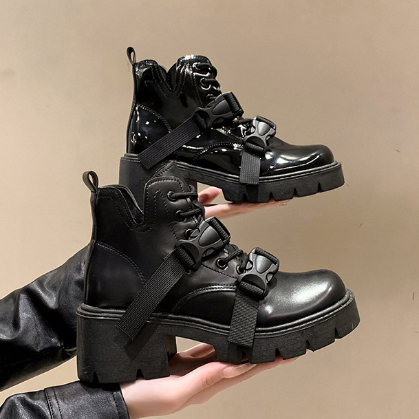 黒靴 レディース黒厚底ダブルベルト編み上げ美脚ブーツ