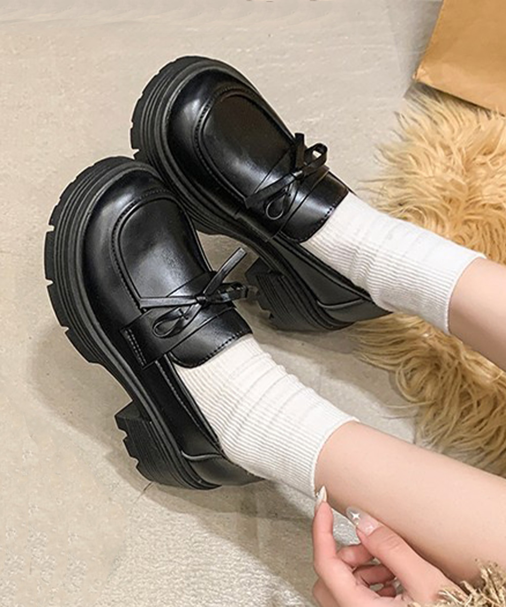 黒靴 レディース厚底ローファー合皮リボン付き学院風