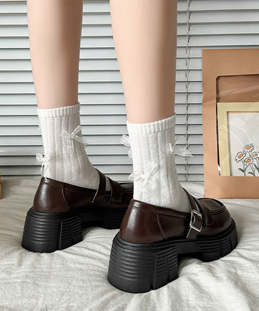 黒靴 レディース 二重ベルト厚底革靴 韓国風美脚ローファー