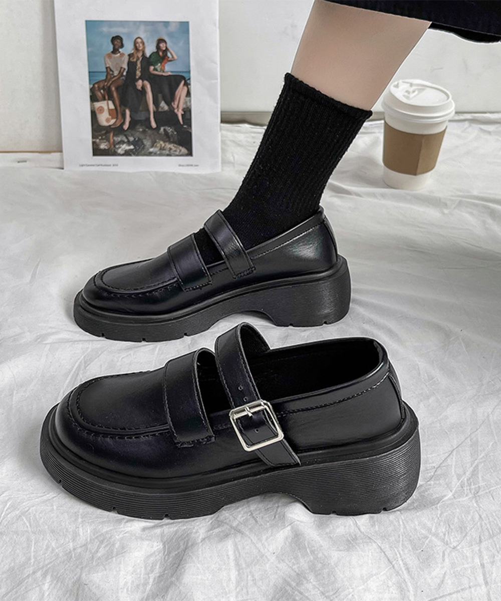 黒靴 レディース厚底ローファー太ヒールストラップ付き