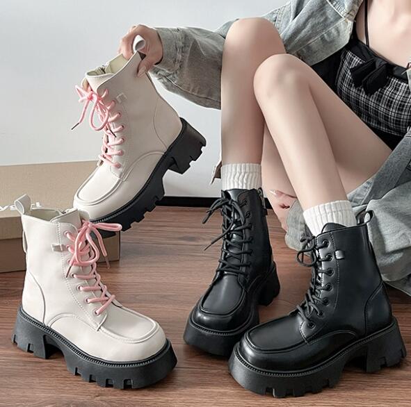黒靴 秋冬厚底革靴 編み上げ式短丈靴 お出かけ用