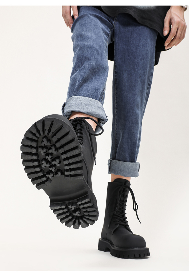 黒靴 男女兼用黒革靴 厚底編み上げワークブーツ