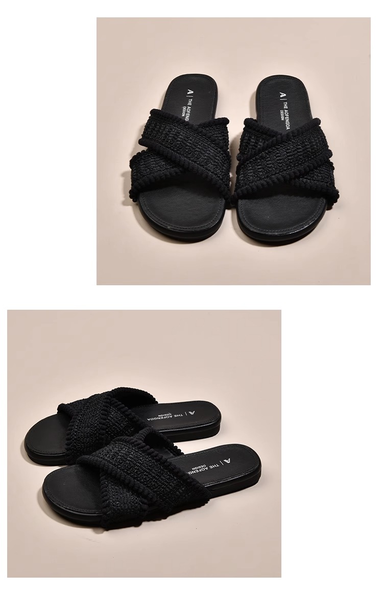 黒靴 クロスニットフラットサンダル