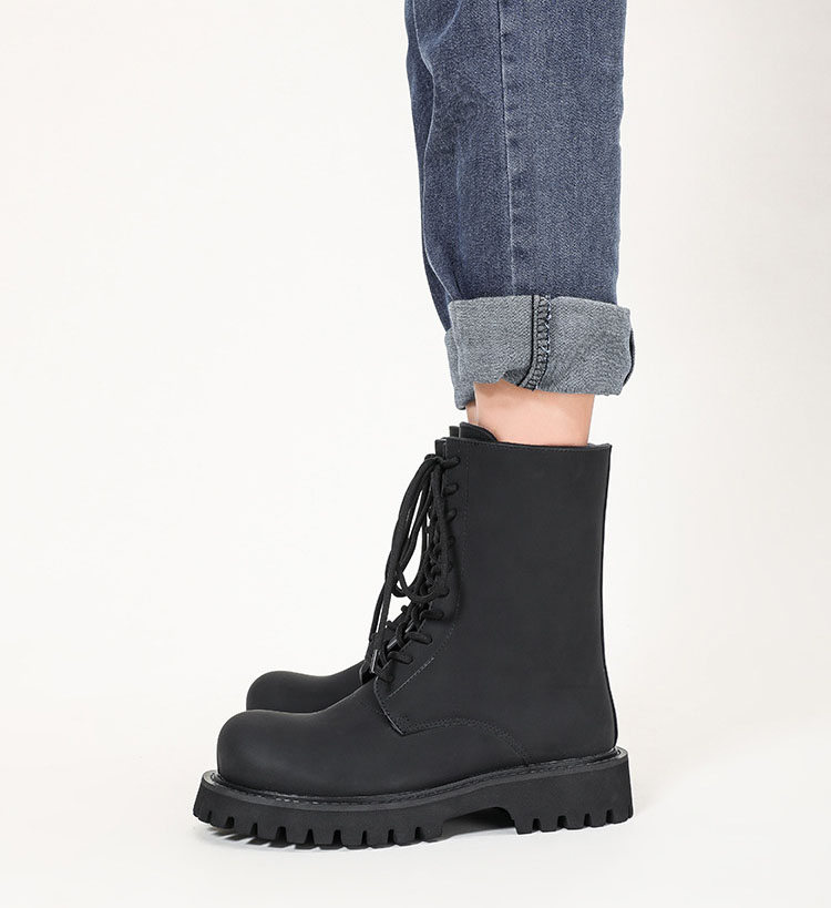 黒靴 男女兼用黒革靴 厚底編み上げワークブーツ