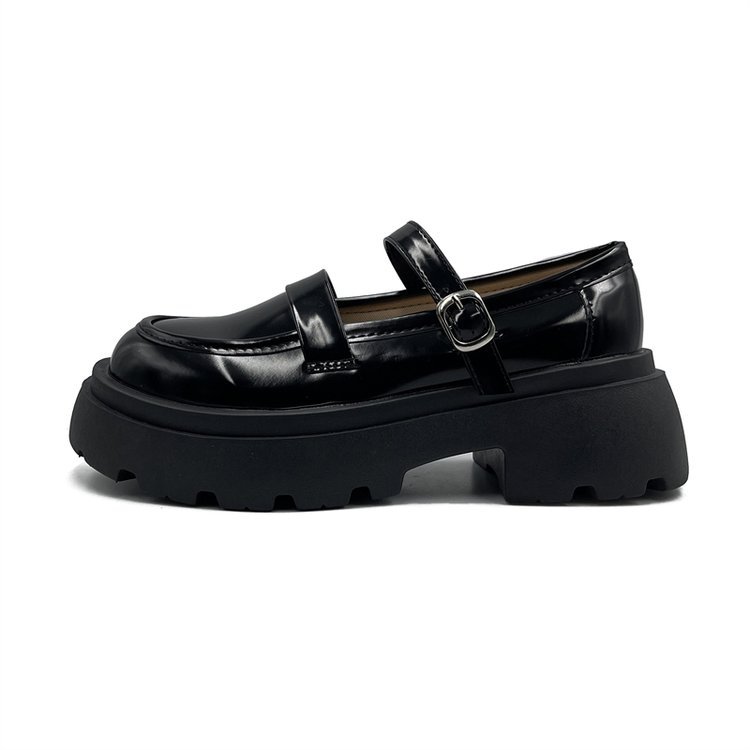 黒靴 厚底革靴ローファー韓国風リボン付き女性用