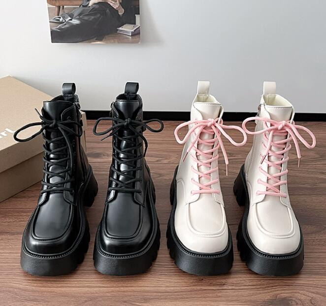 黒靴 秋冬厚底革靴 編み上げ式短丈靴 お出かけ用