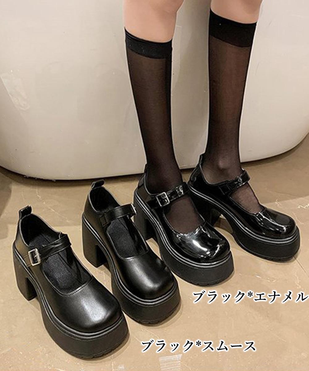 黒靴 厚底ストラップ革靴 韓国風パンプス