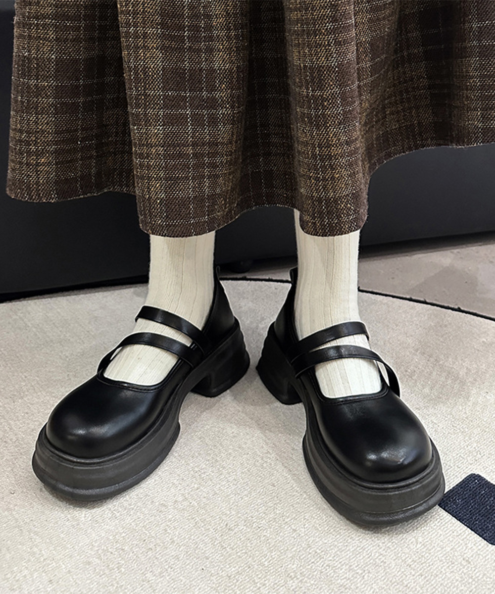 黒靴 厚底ダブルストラップ革靴 レディース美脚