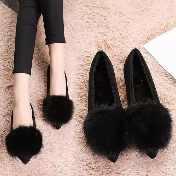 黒靴 2 レディース もこもこファーパンプス ぺたんこ歩きやすい靴