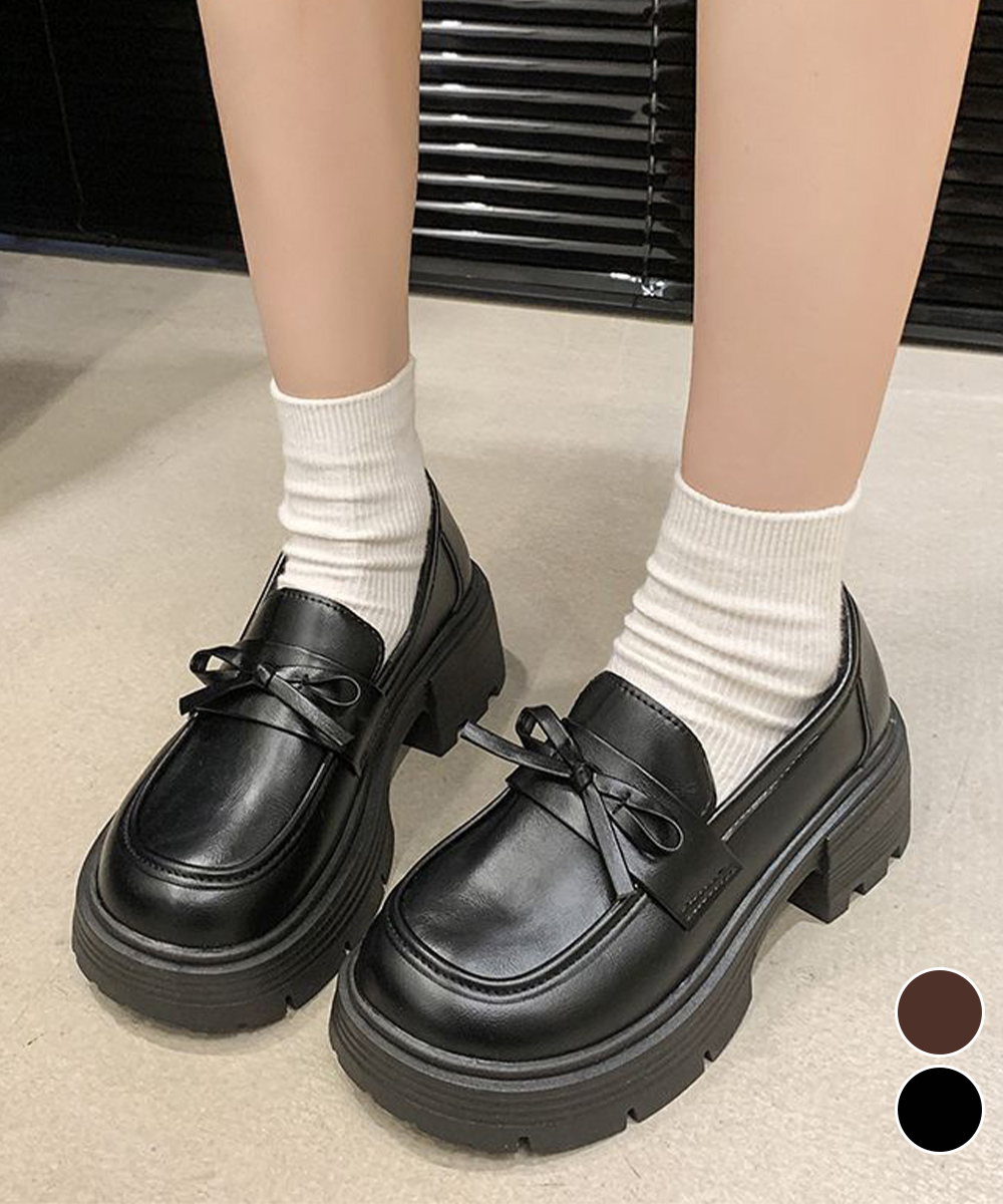 黒靴 レディース厚底ローファー合皮リボン付き学院風