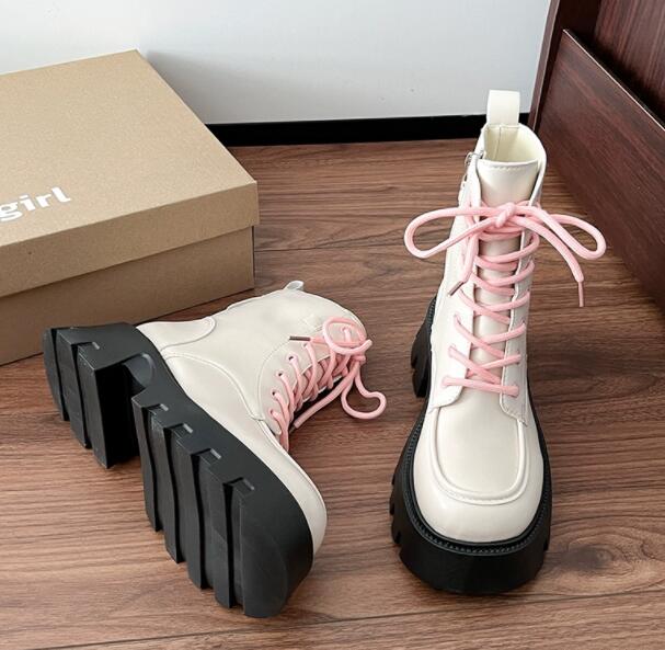 黒靴 秋冬厚底革靴 編み上げ式短丈靴 お出かけ用