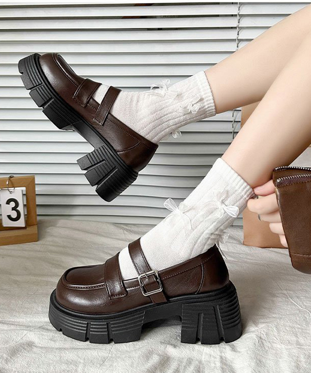 黒靴 レディース 二重ベルト厚底革靴 韓国風美脚ローファー