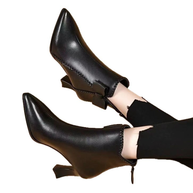 黒靴 レディース 黒 裏起毛 ショートブーツ 太ヒール 美脚効果