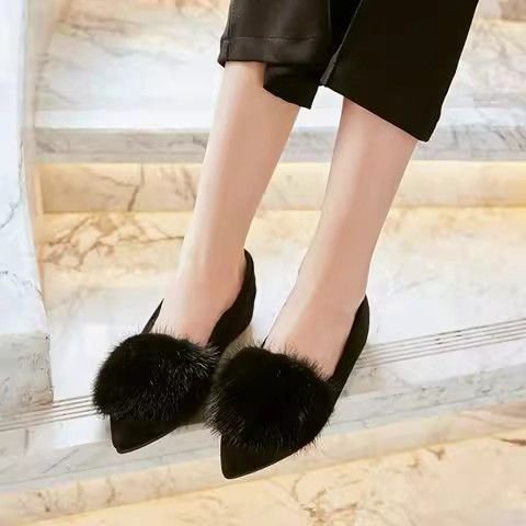 黒靴 2 レディース もこもこファーパンプス ぺたんこ歩きやすい靴