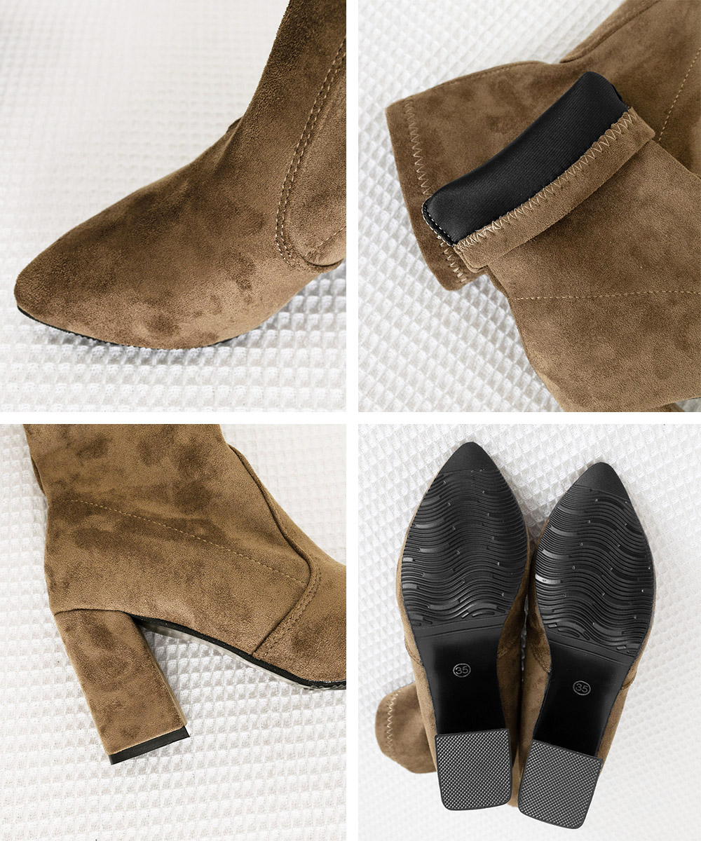 黒靴 レディース スエード調伸縮ショートブーツ 太ヒール