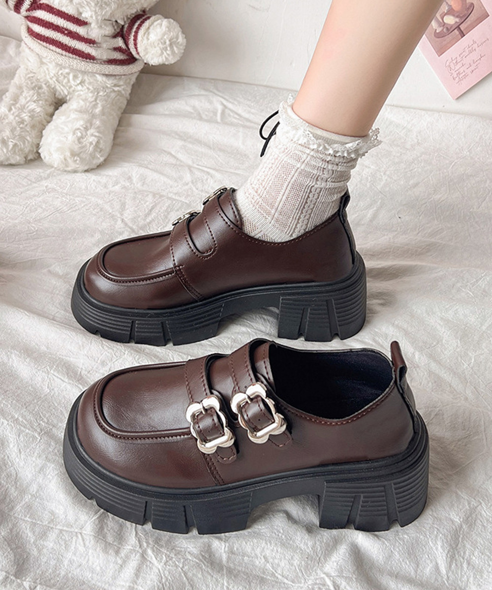 レディース厚底ローファー ダブルストラップ美脚黒靴