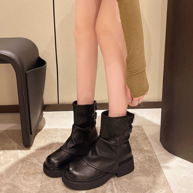 黒靴 レディース くしゅくしゅ厚底ショートブーツ 太ヒール 丸つま先